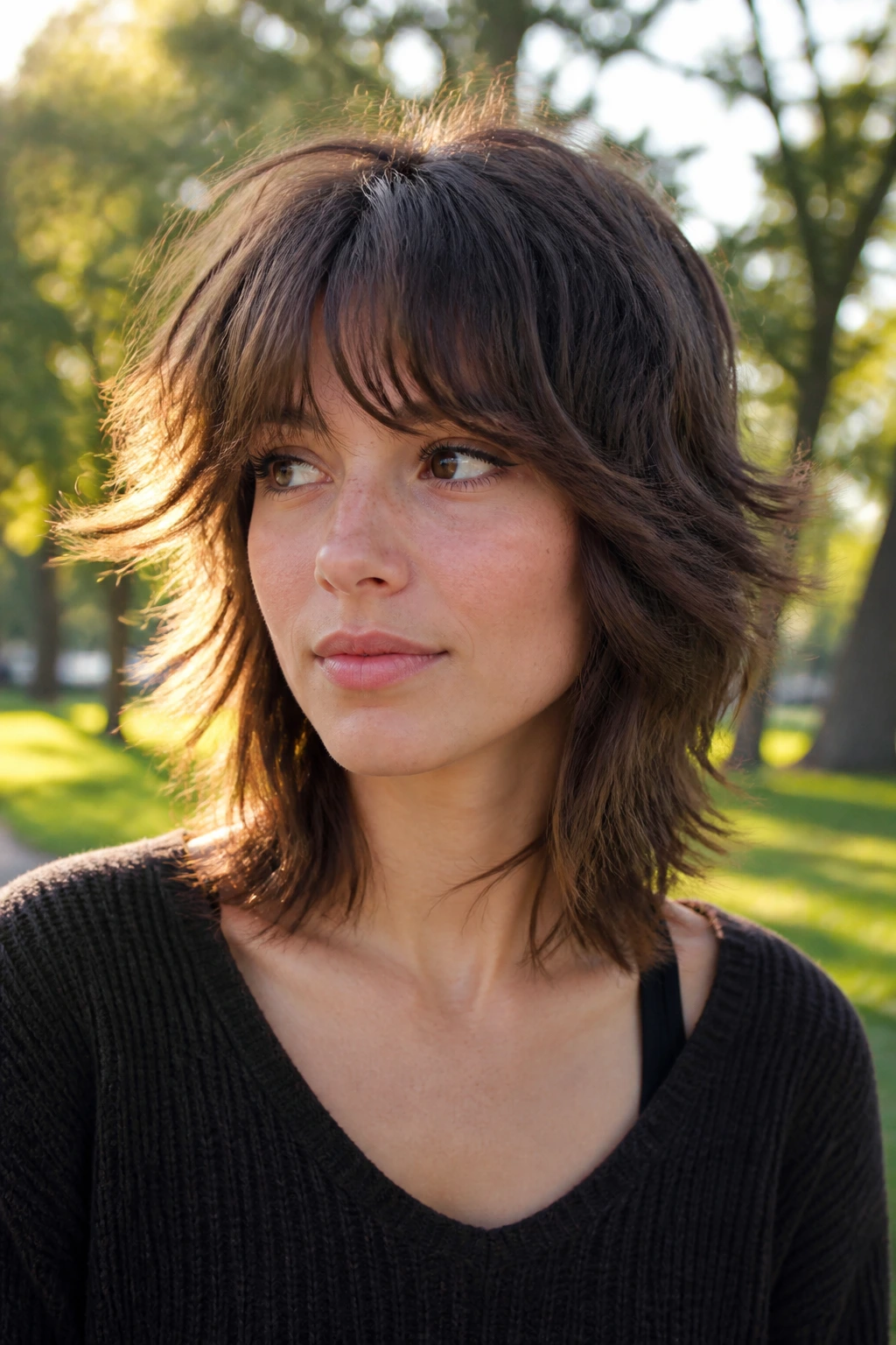 Close-up of a real woman with a choppy shag and curtain bangs in golden hour light