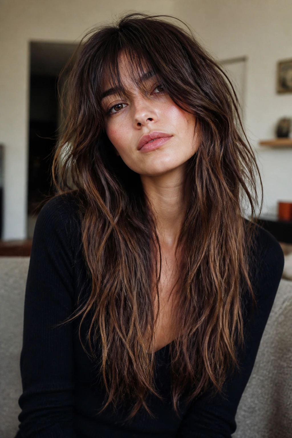 Portrait of a person with choppy shag fringe and long layered hair in a cozy living room