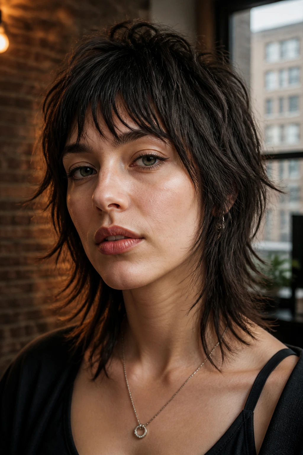 Close-up of a real person with a choppy point-cut shag fringe