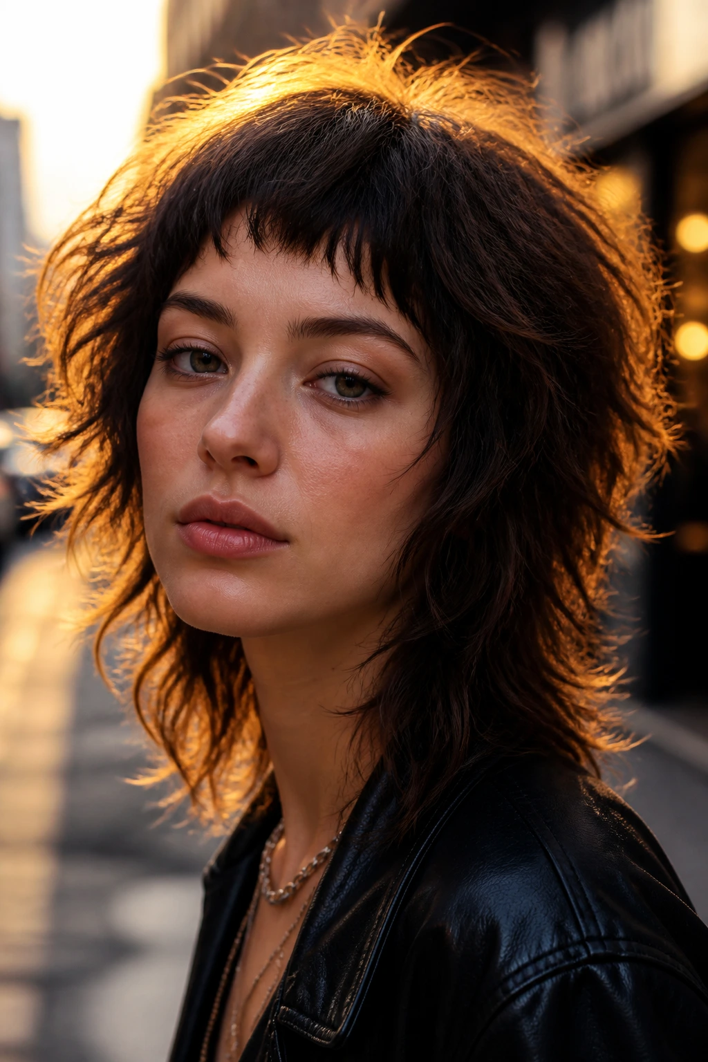 Real person with choppy shag and micro bangs on urban street at golden hour