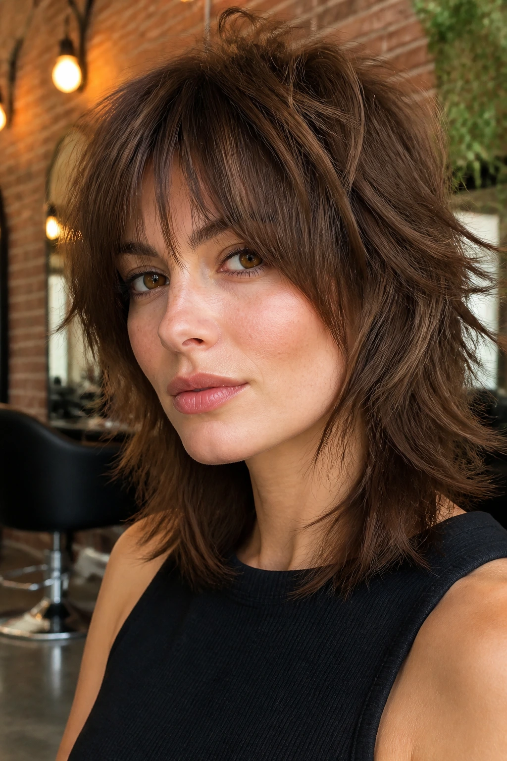 Real woman with a choppy shag and razored edges, crown volume, in a chic salon