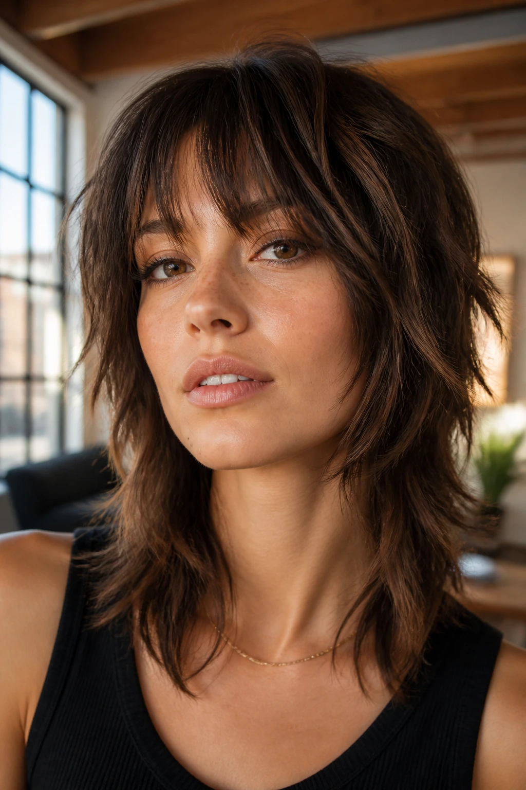 Portrait of a person with a choppy layered shag and wispy bangs