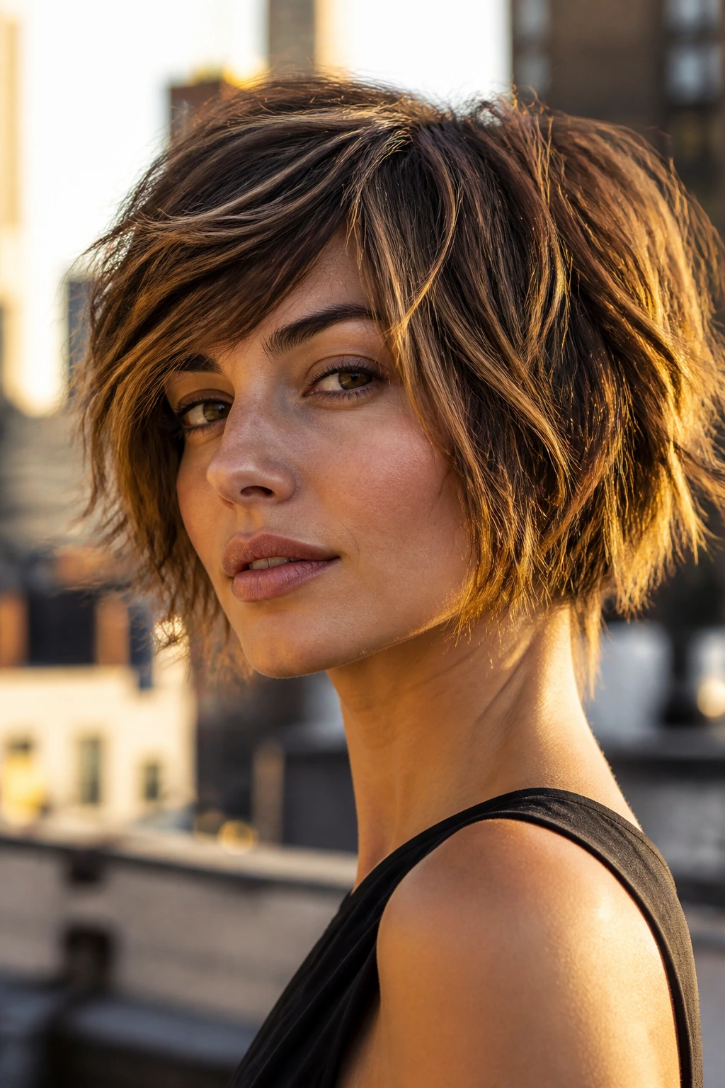 Real woman with choppy shattered stacked bob at golden hour