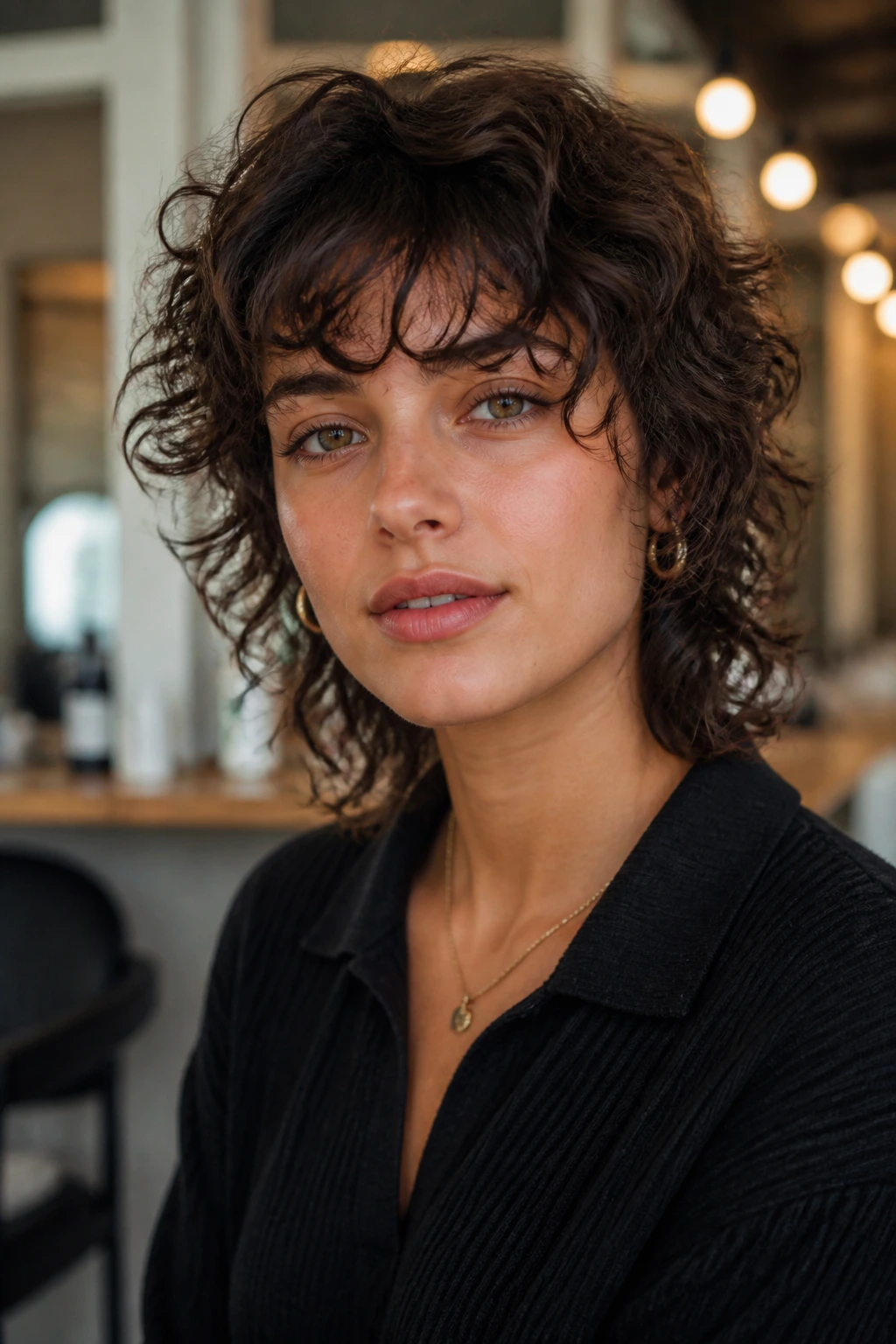 Portrait of a woman with choppy tapered shag and ringlet fringe