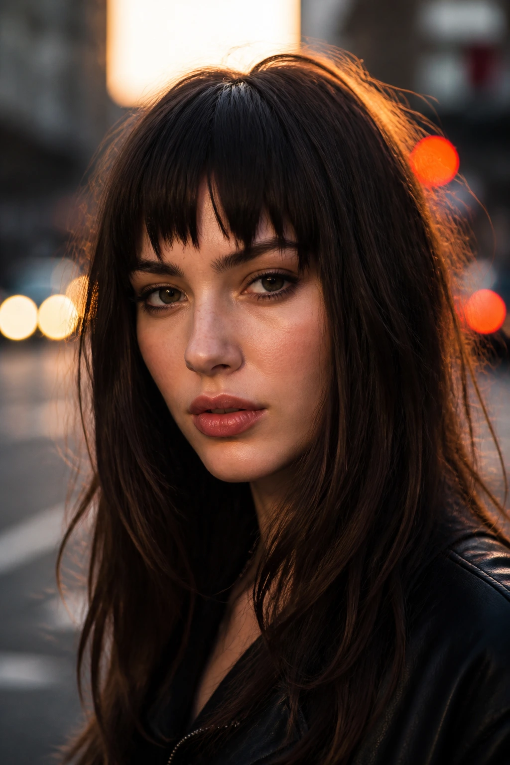 Close-up of a real woman with choppy textured straight-across bangs on an urban street backdrop.