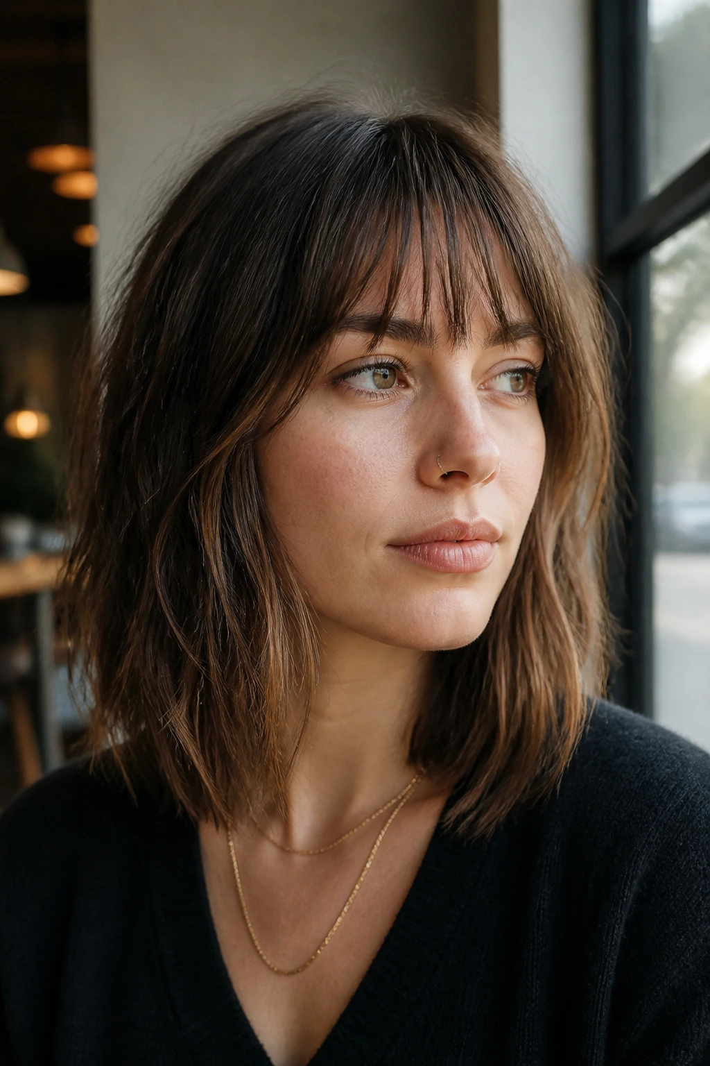 Close-up portrait of a real person with choppy textured lob bangs