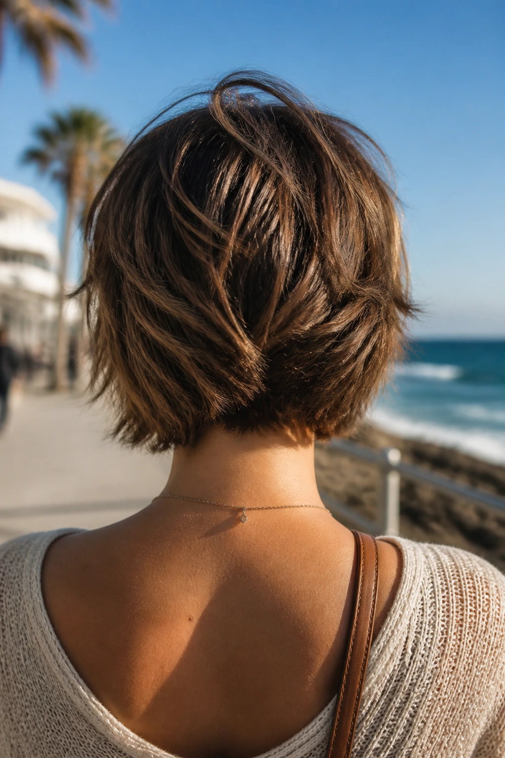 Back view of real woman with choppy, texturized stacked layers.