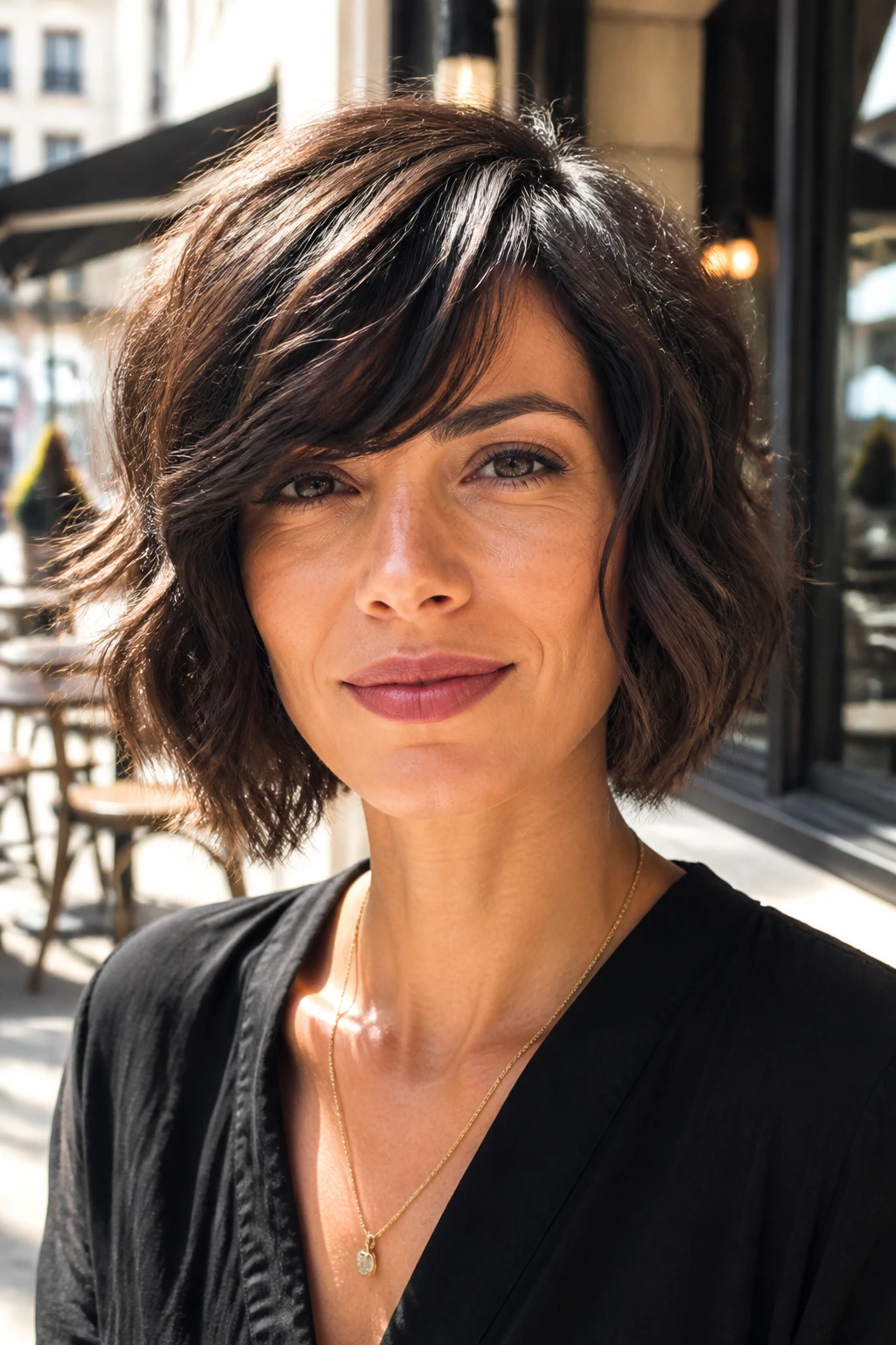 Close-up of a person with a choppy wavy bob and side-swept fringe outdoors