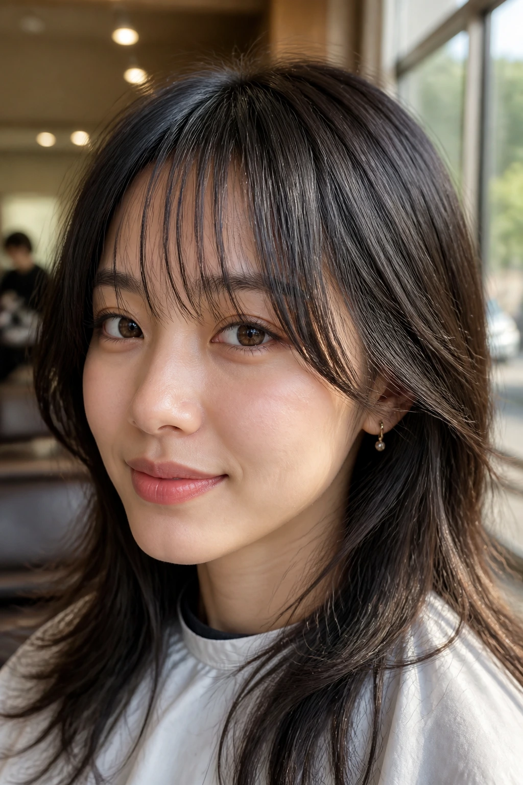 Close-up of a real woman with choppy wispy bangs and weighted edges in natural window light