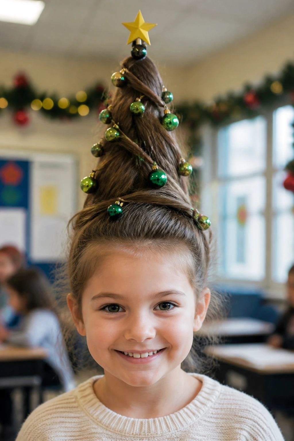 Close-up of a real child wearing a Christmas Tree Cone hairstyle in a festive classroom
