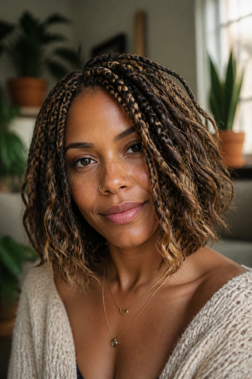 Close-up of a real woman with chunky bohemian bob braids in a cozy room with warm light