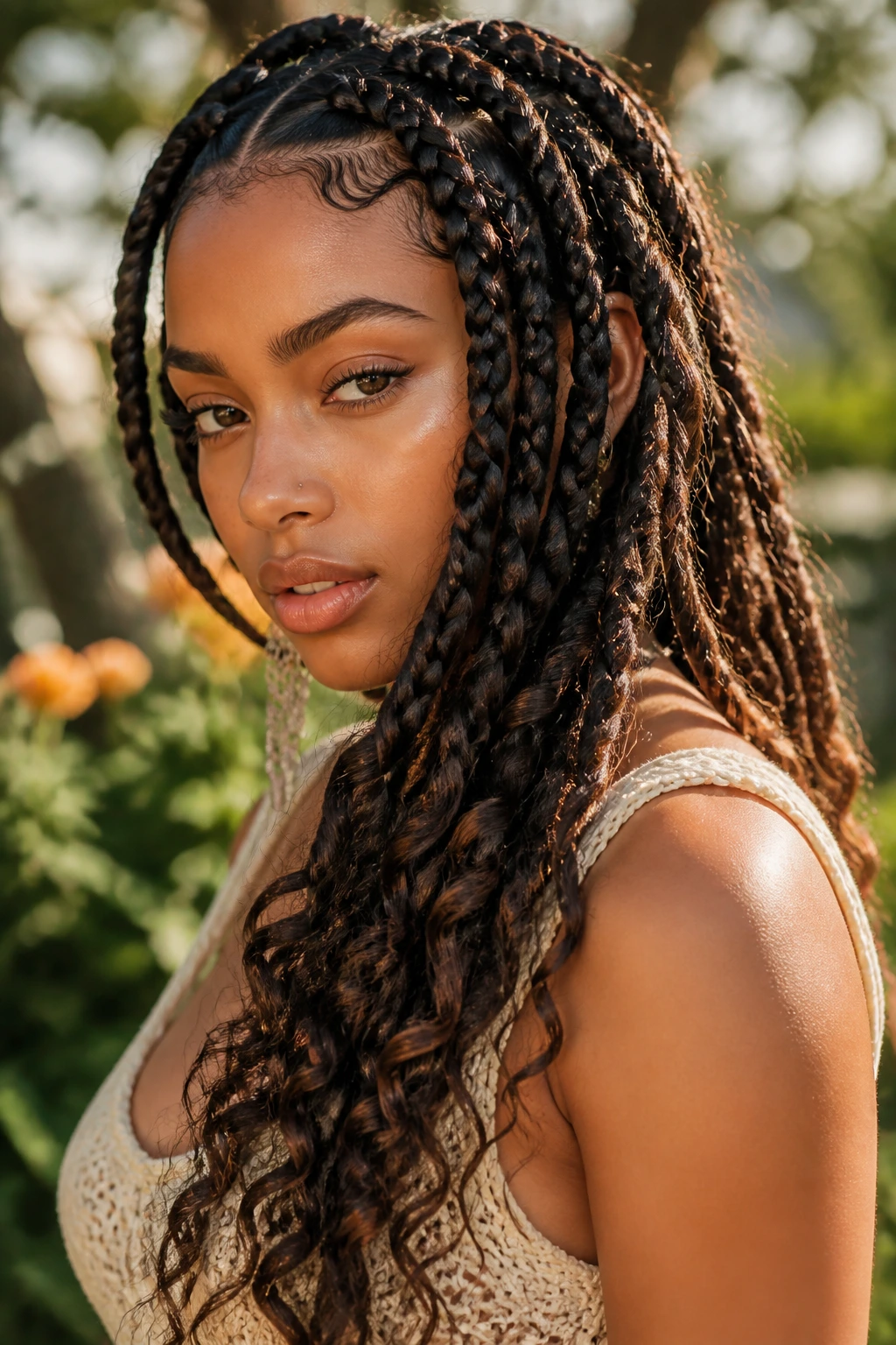Close-up of a real woman with thick chunky braids in a sunlit garden