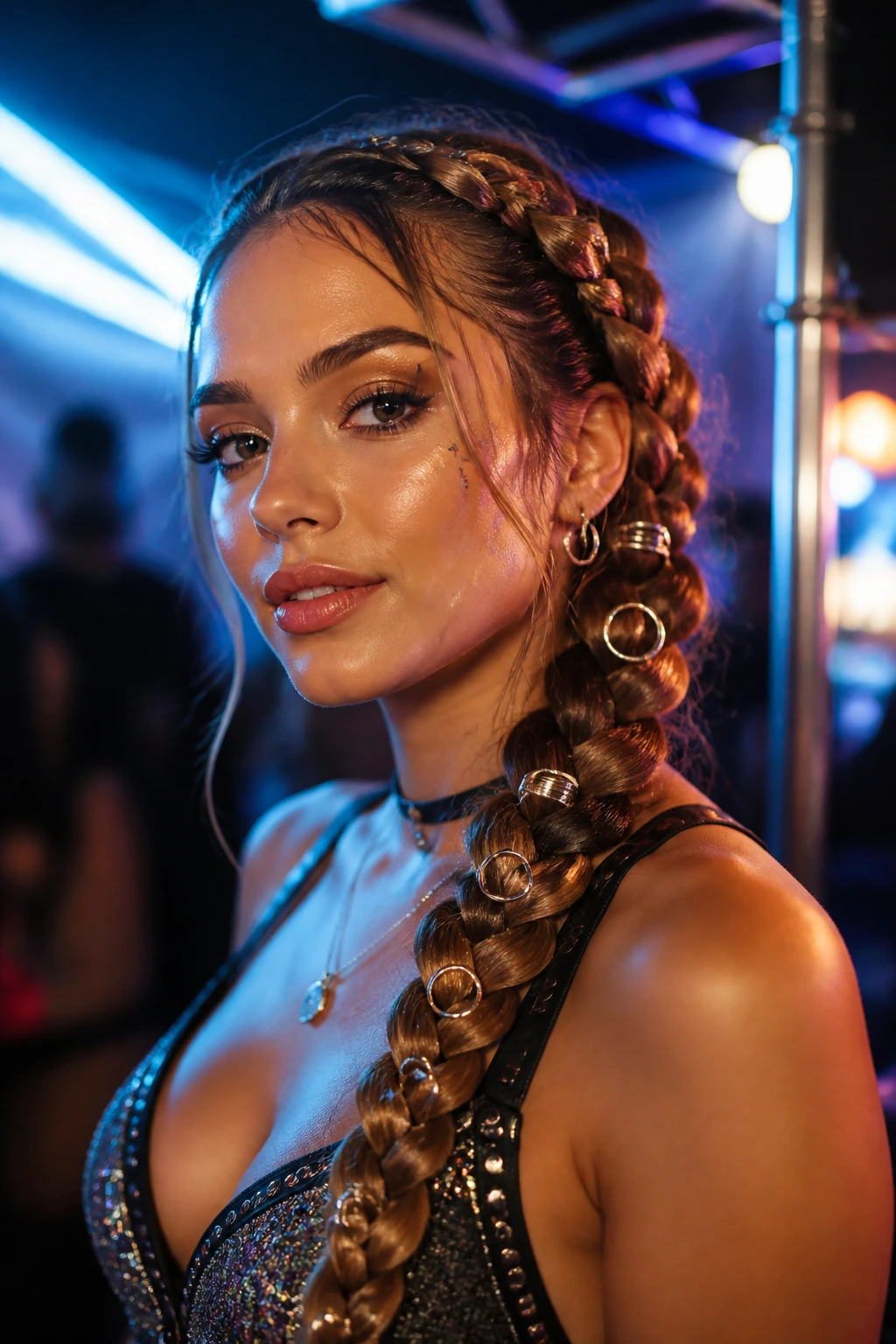 Close-up of a real person with a chunky side braid adorned with rings under neon backstage lighting