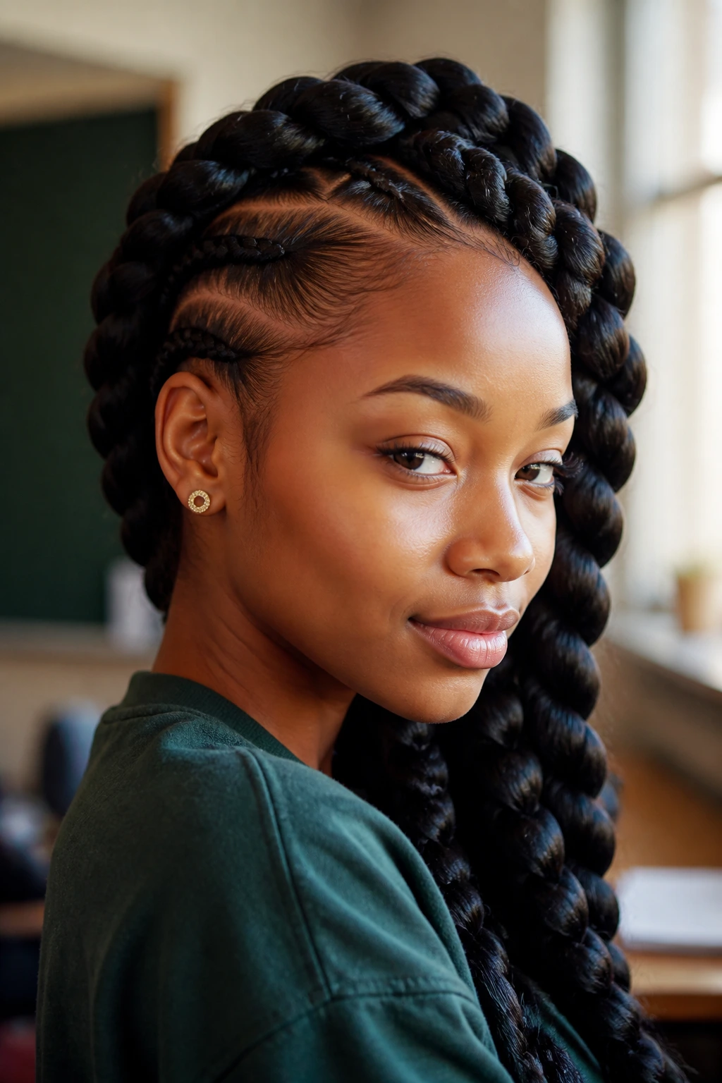 Close-up of a real person with chunky side-swept braids in a classroom-like setting