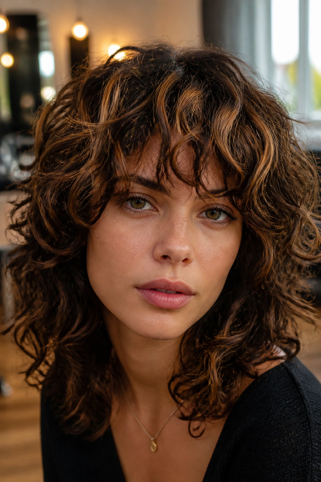 Close-up portrait of a real woman with chunky chestnut highlights in shaggy curly bangs, natural window light.