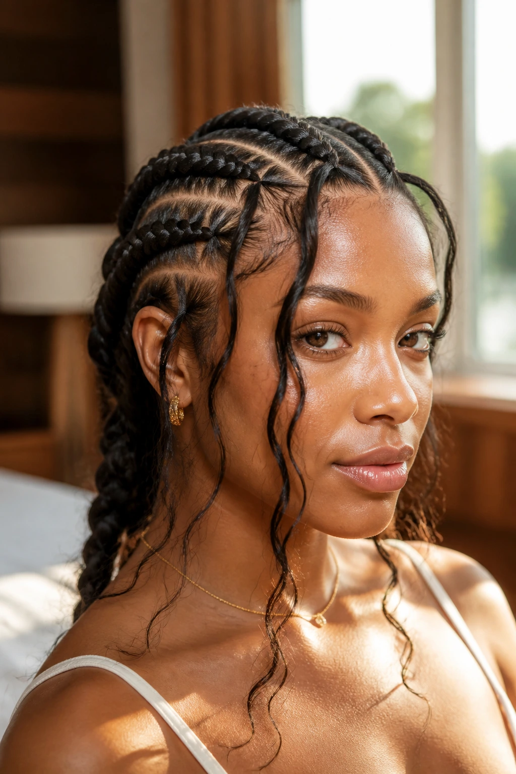 Close-up of Chunky Bohemian Cornrows on a real woman in a sunlit bedroom