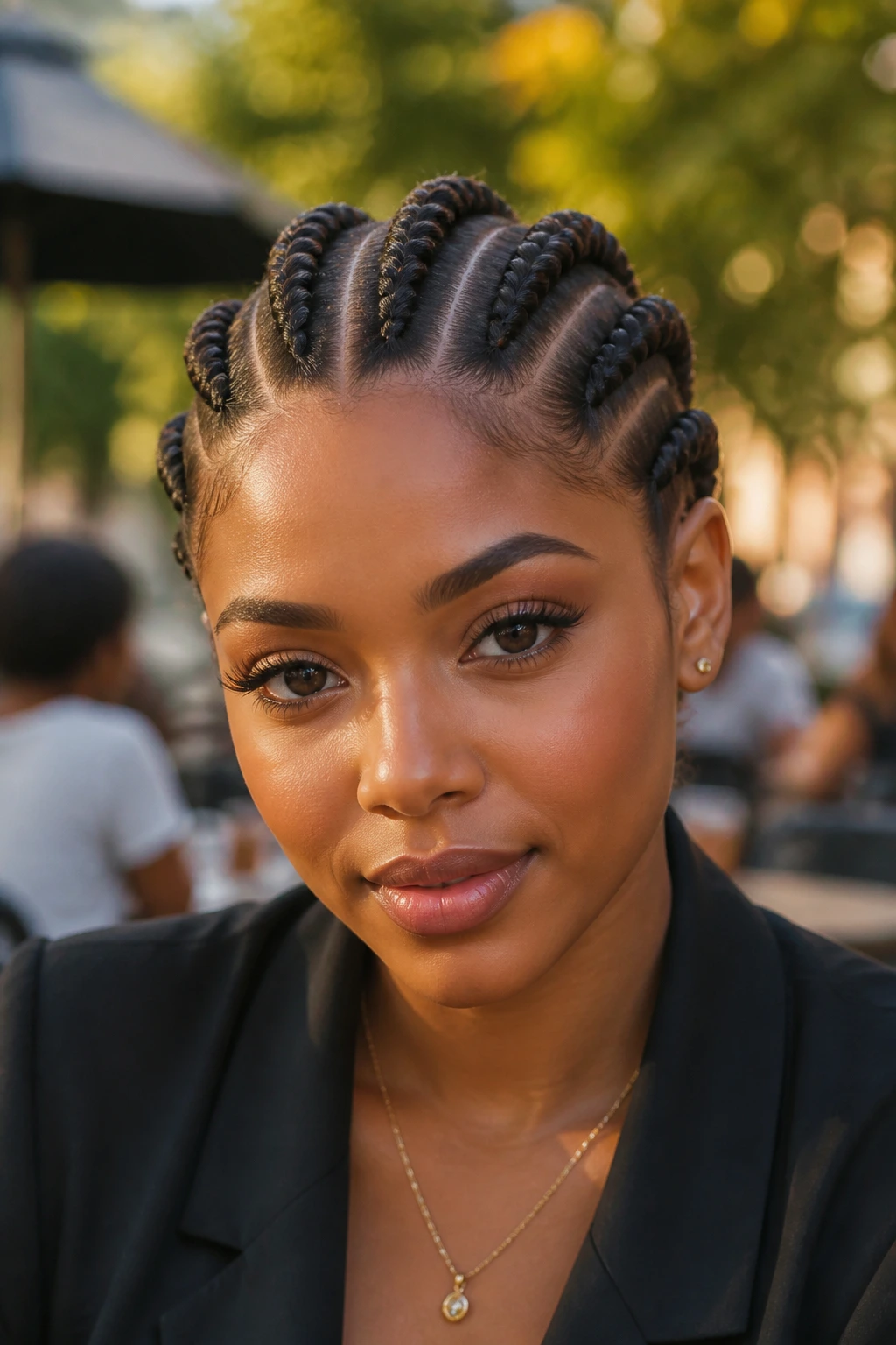 Close-up of chunky cornrows on a real woman outdoors