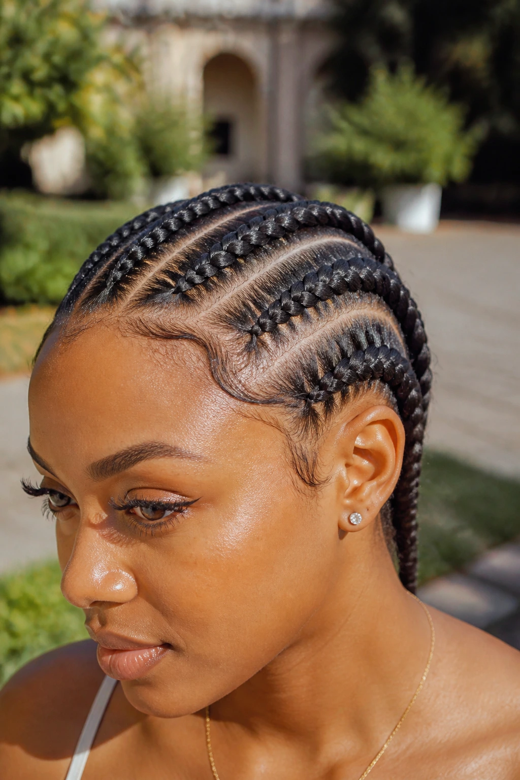Close-up of a real woman with chunky cornrows in a sunny outdoor setting