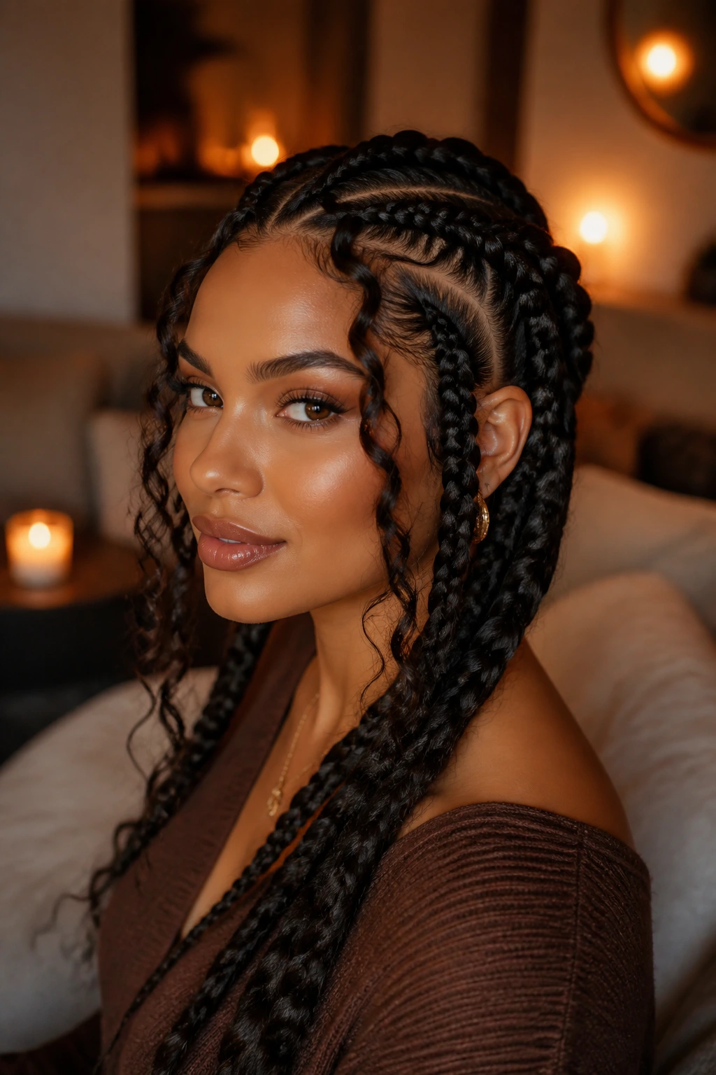 Close-up of a real woman with chunky jumbo cornrows under warm candlelight