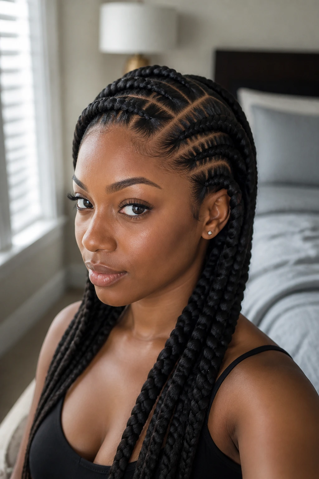 Close-up of a Black woman with chunky cornrows and a deep side part