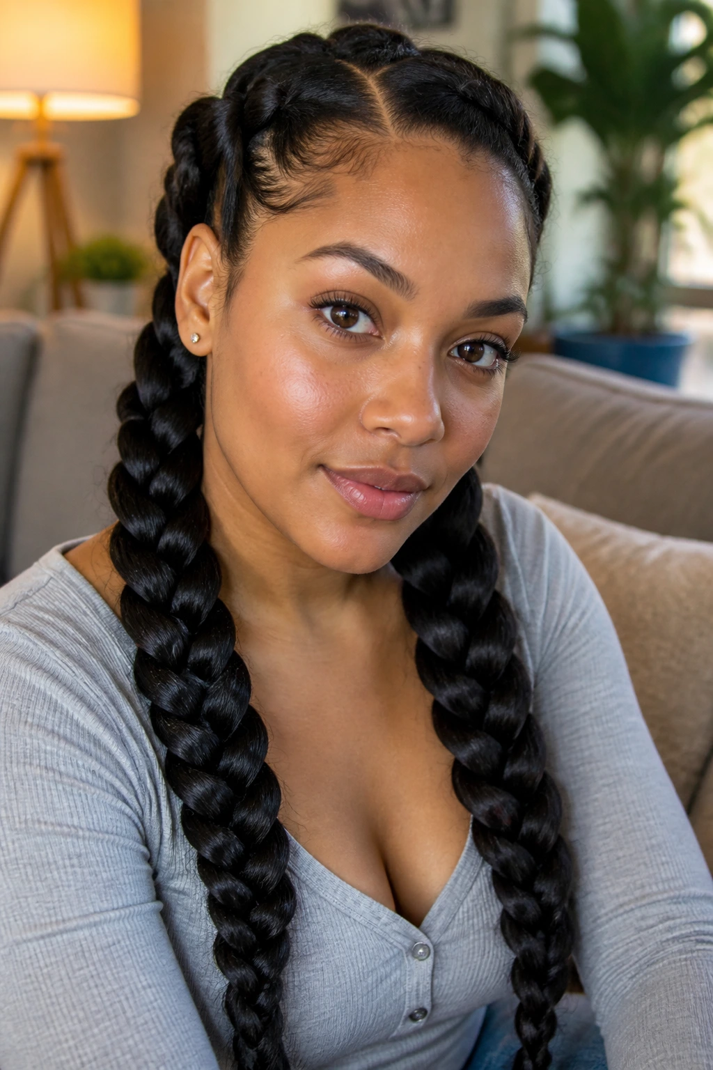 Close-up of a real woman with two large chunky double braids