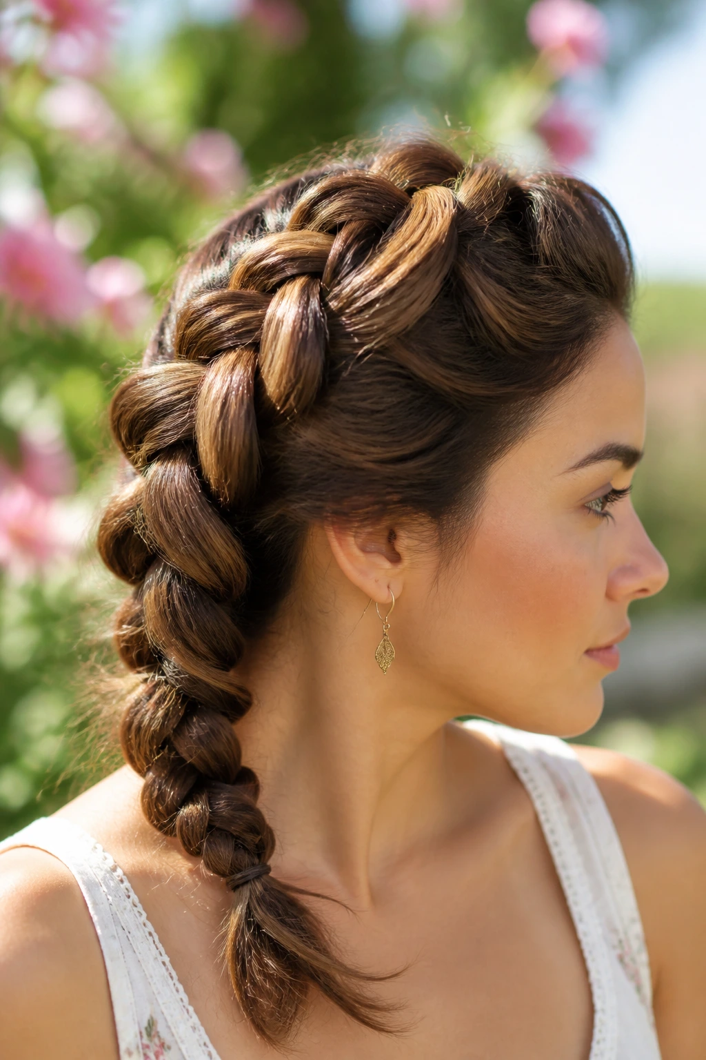Close-up of a real woman with a chunky Dutch braid sweeping to the side