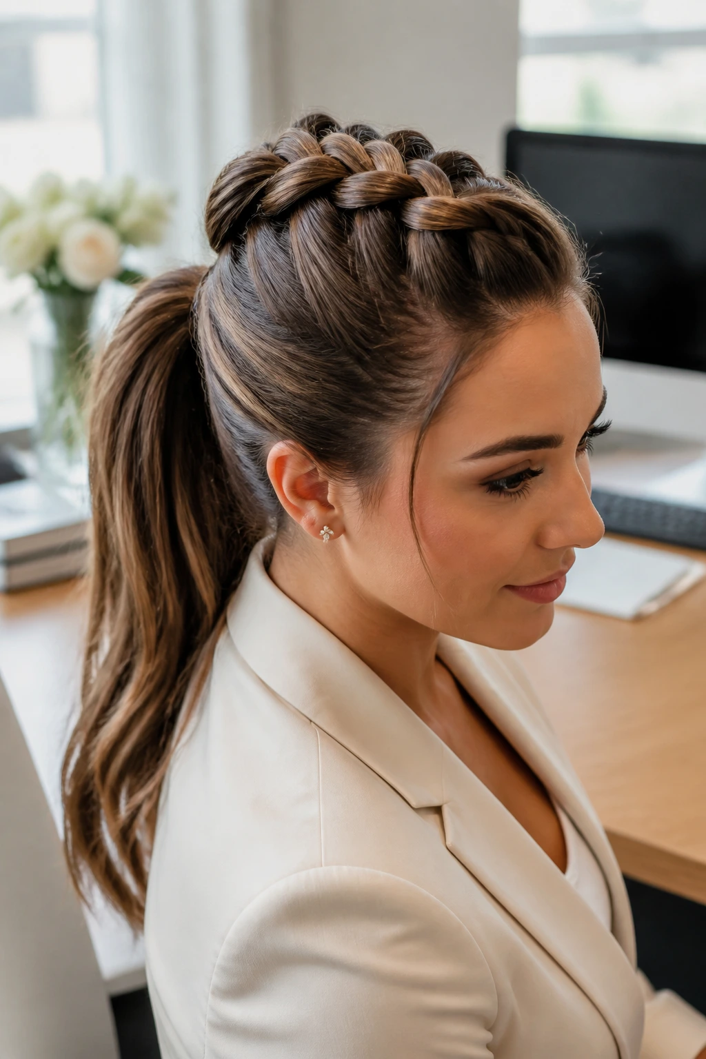 Close-up of a real woman with a chunky Dutch braid ponytail in an office