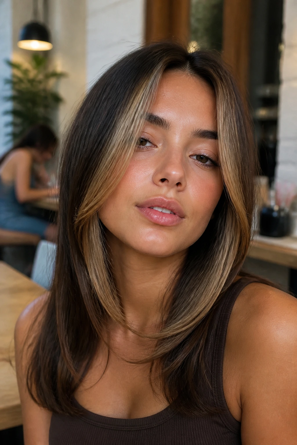 Close-up of a real woman with chunky 90s-style face-framing pieces framing her face