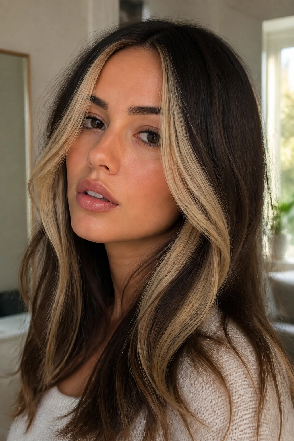 Portrait of a woman with chunky face-framing color streaks near the cheeks.