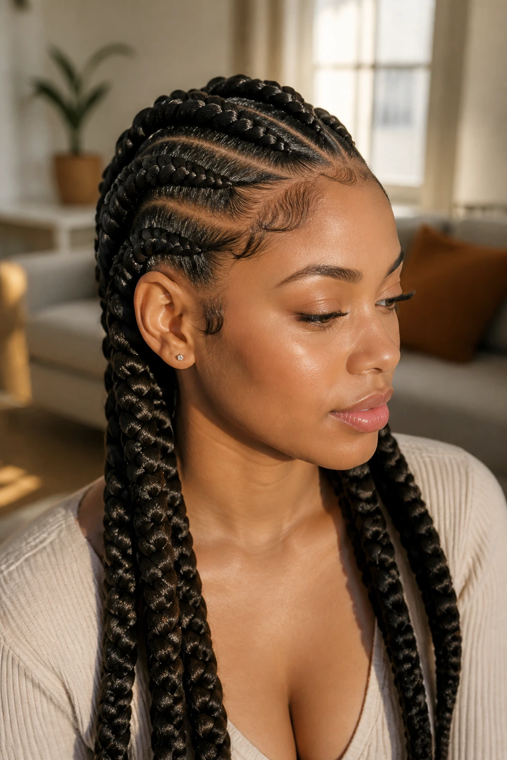 Close-up of a real woman wearing chunky feed-in braids