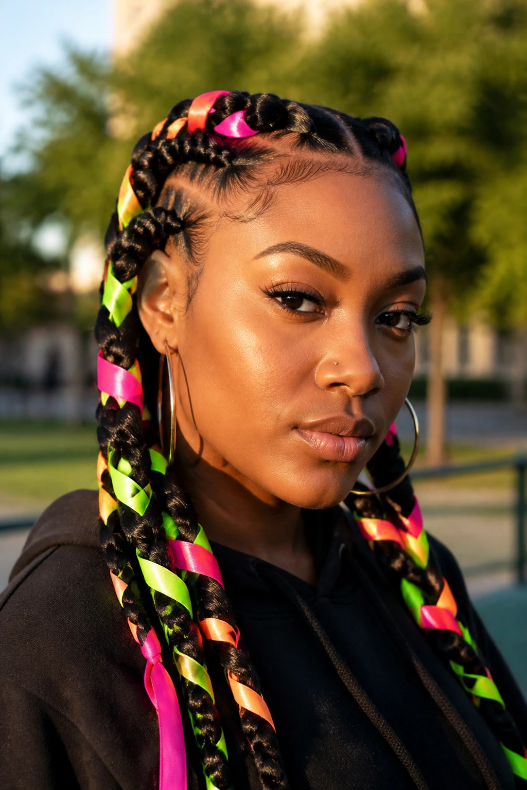 Close-up of a real person with chunky feed-in braids and neon ribbons.