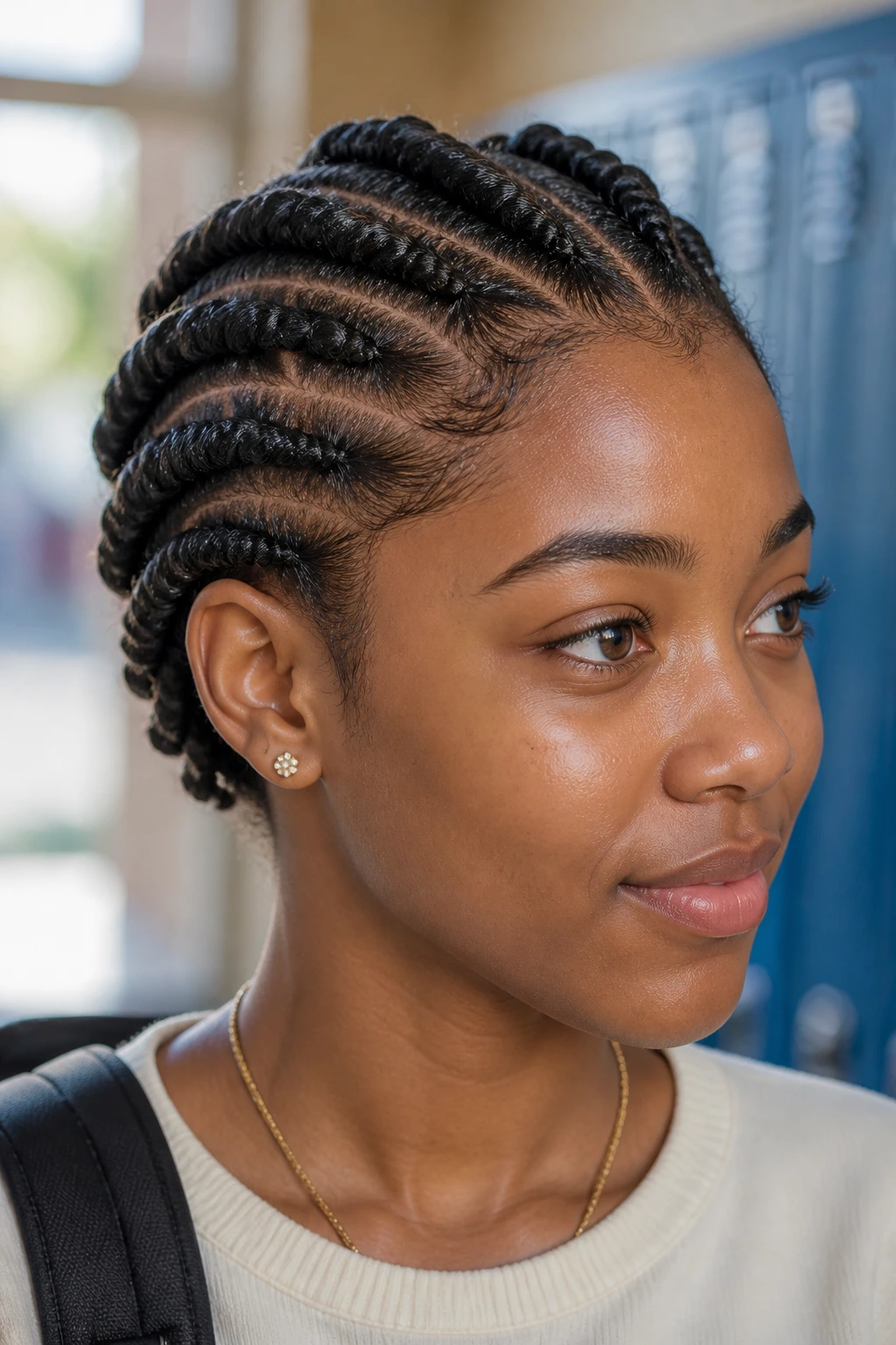 Close-up of a real student with chunky flat twists in a school hallway