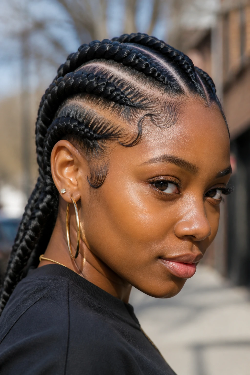 Close-up of a woman with chunky Ghana braids outdoors