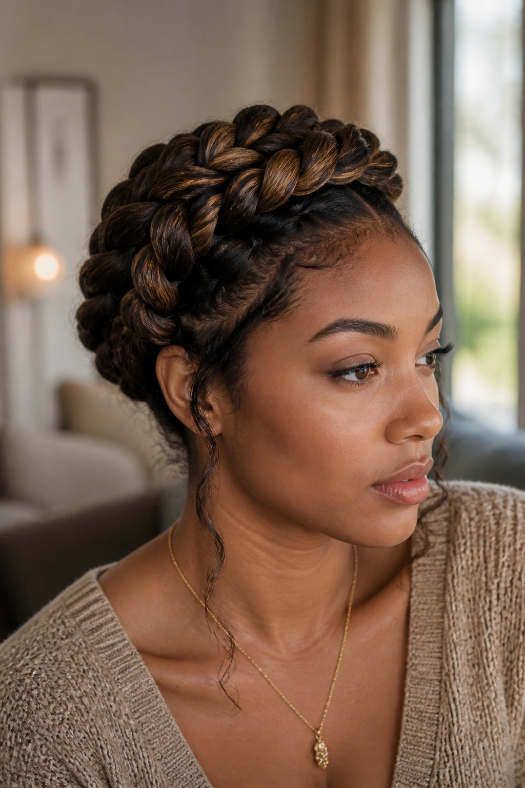 Close-up portrait of a real woman wearing a chunky twisted halo braid with extensions