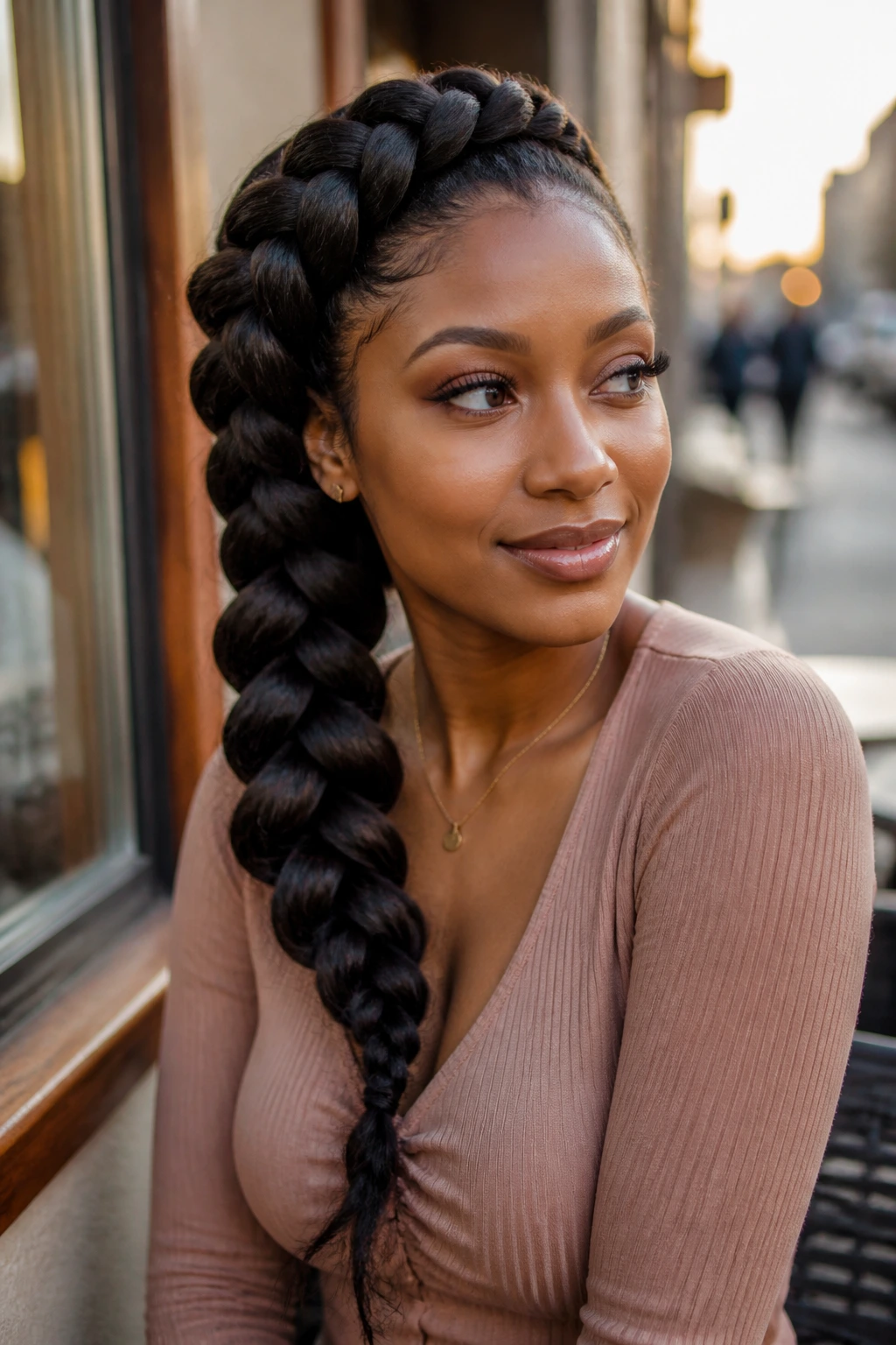 Three-quarter portrait of a real woman with a chunky side-swept braid