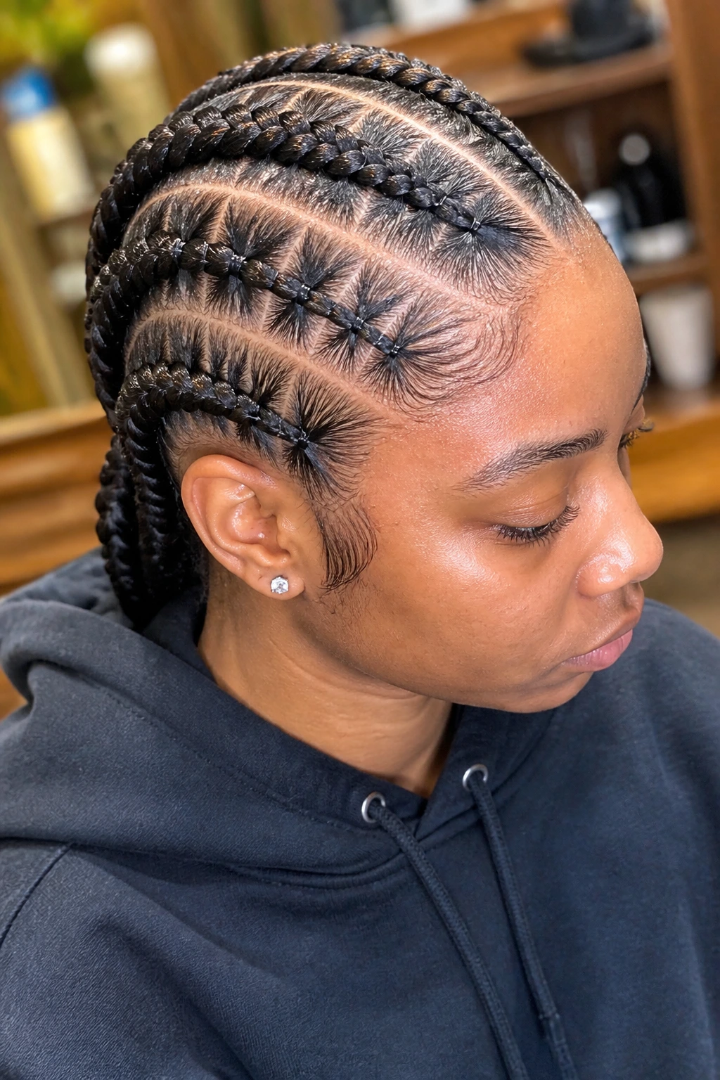 Close-up of a real person with chunky stitch braids showing horizontal stitch lines.