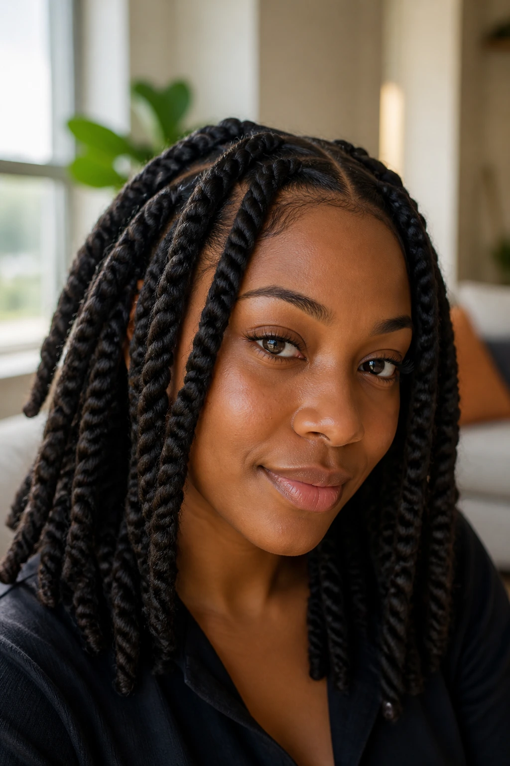 Close-up of a real woman with chunky two-strand twists filling the frame, sunlit living room backdrop