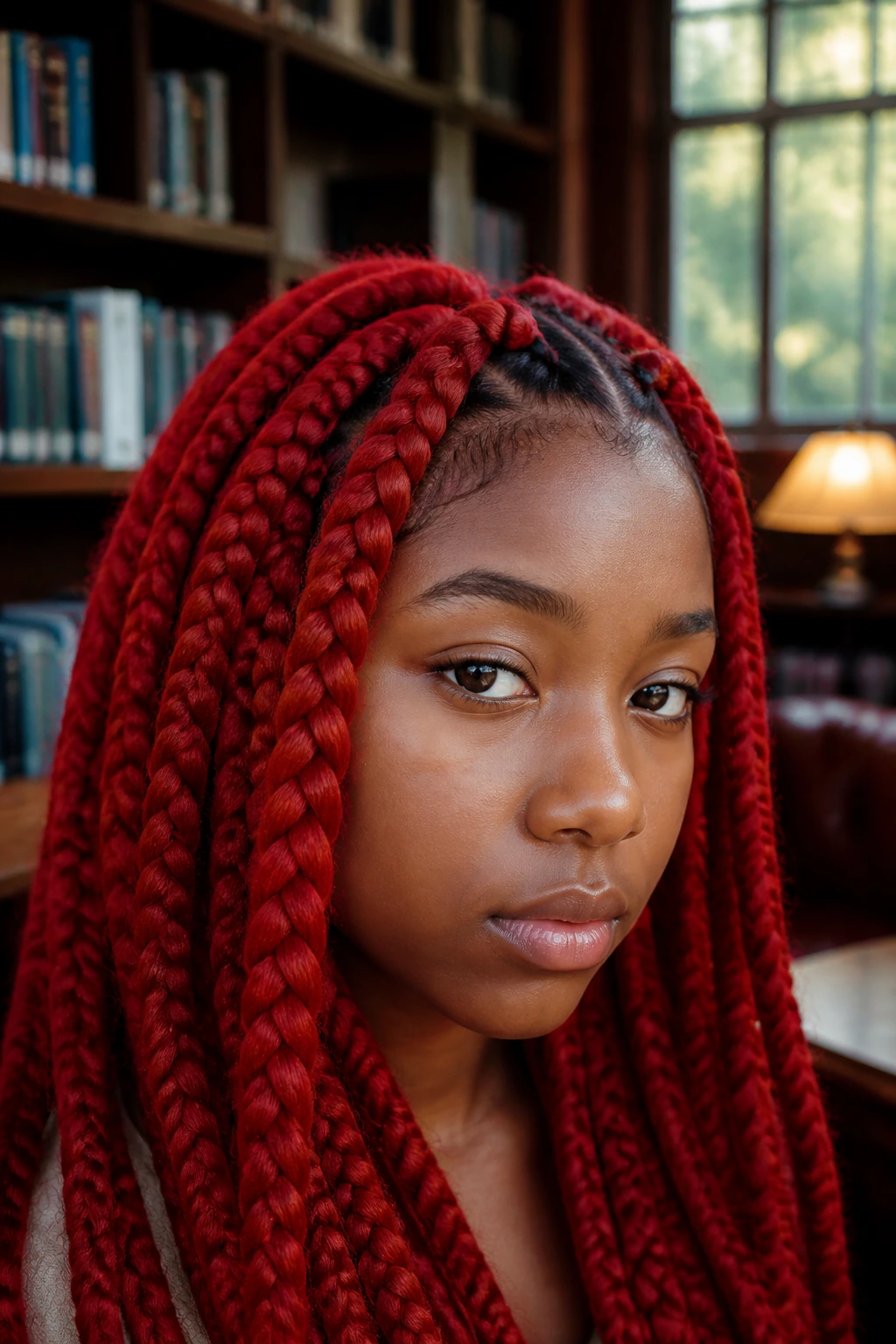 Close-up of chunky red yarn braids on a real person in a cozy library setting