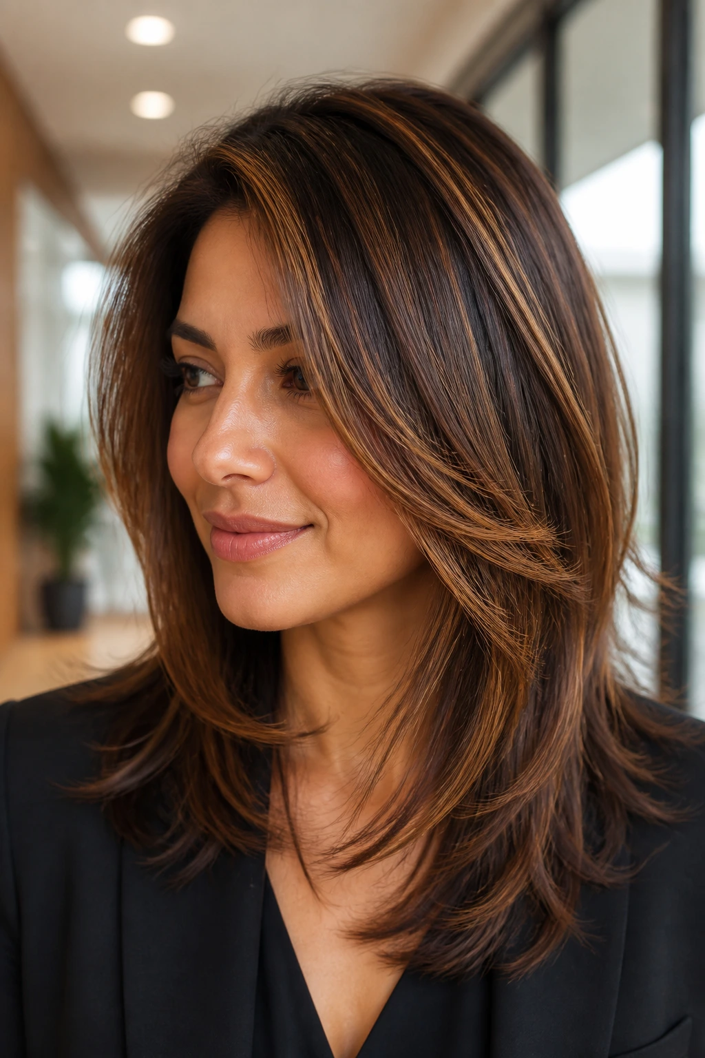 Close-up of a woman with cinnamon caramel highlights on layered mid-length hair in a sunlit office