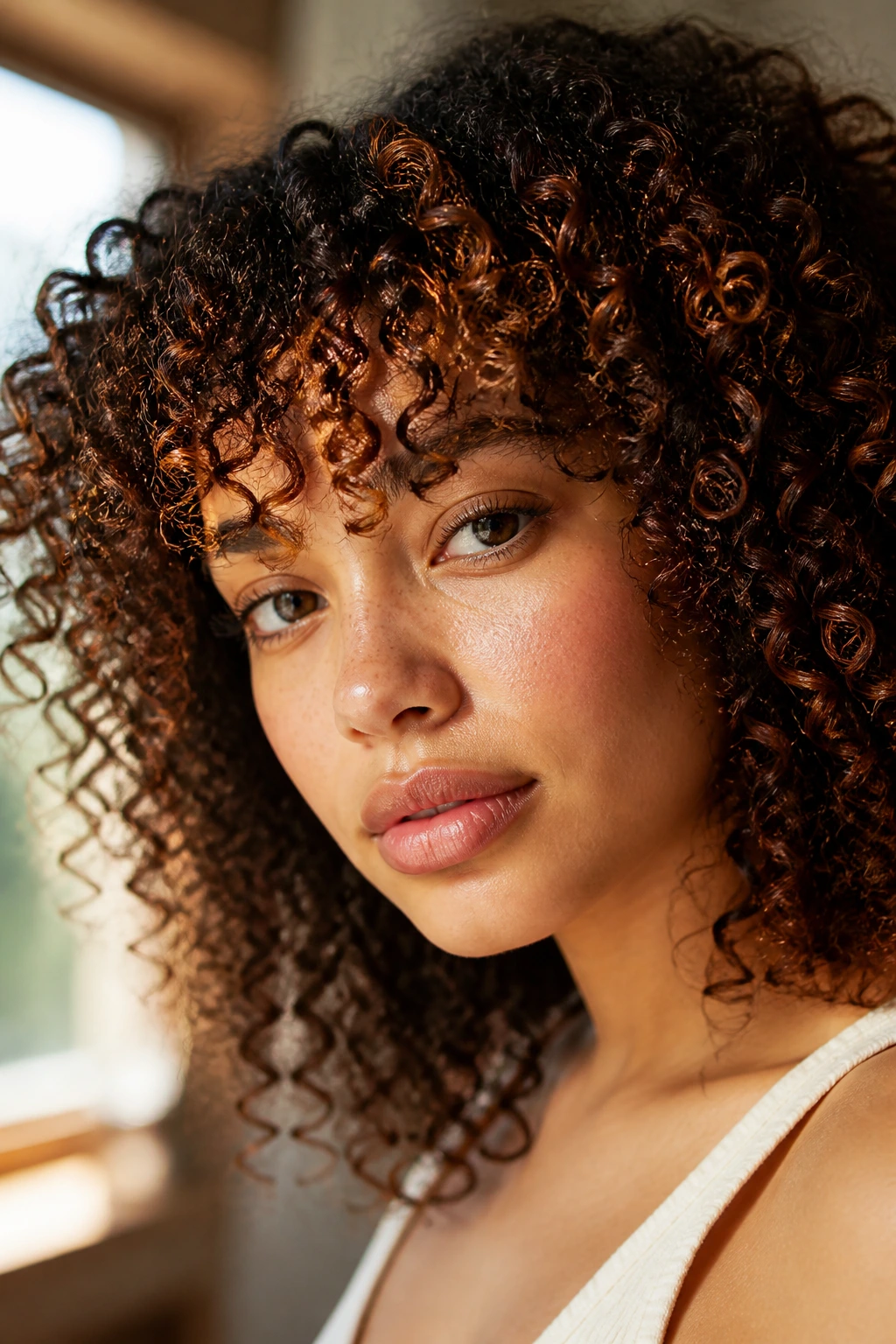 Close-up of tight corkscrew curls with cinnamon flecks in the fringe on a real person