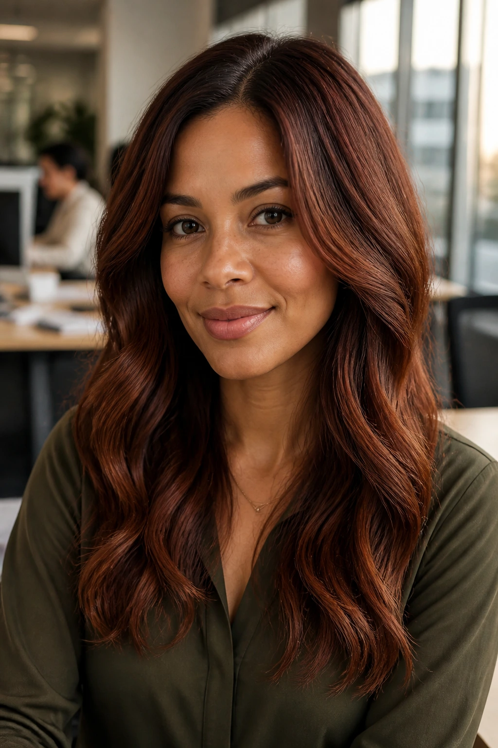 Close-up of a person with warm cinnamon-maroon hair in an office setting