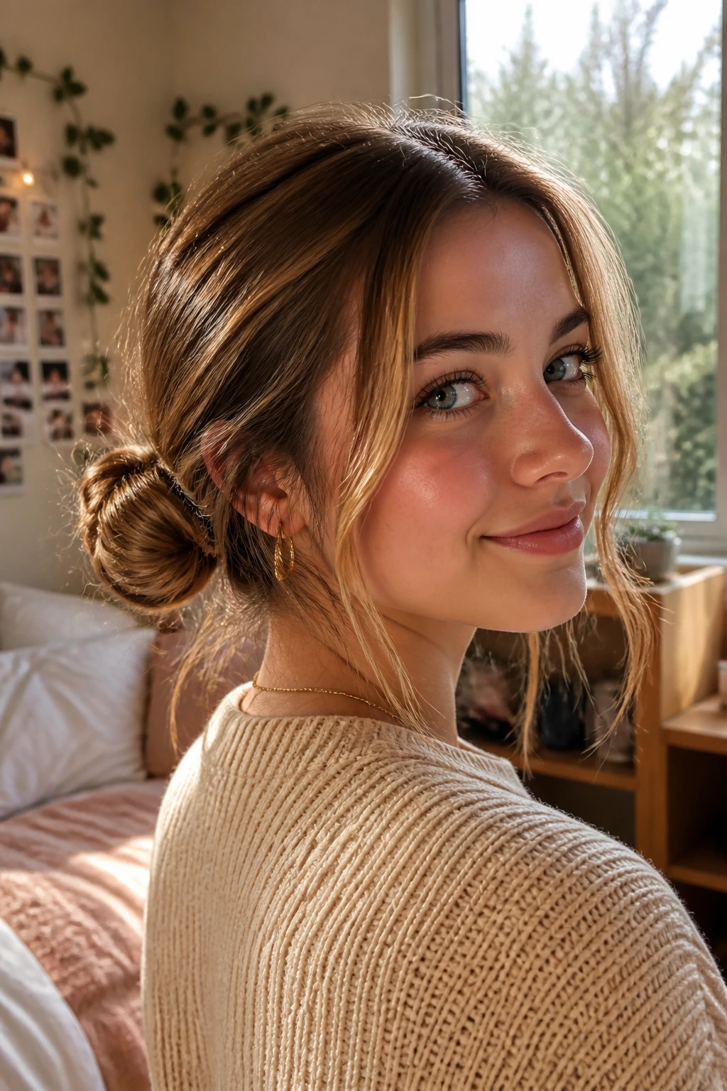 Close-up of a real woman with two symmetrical cinnamon roll side buns.