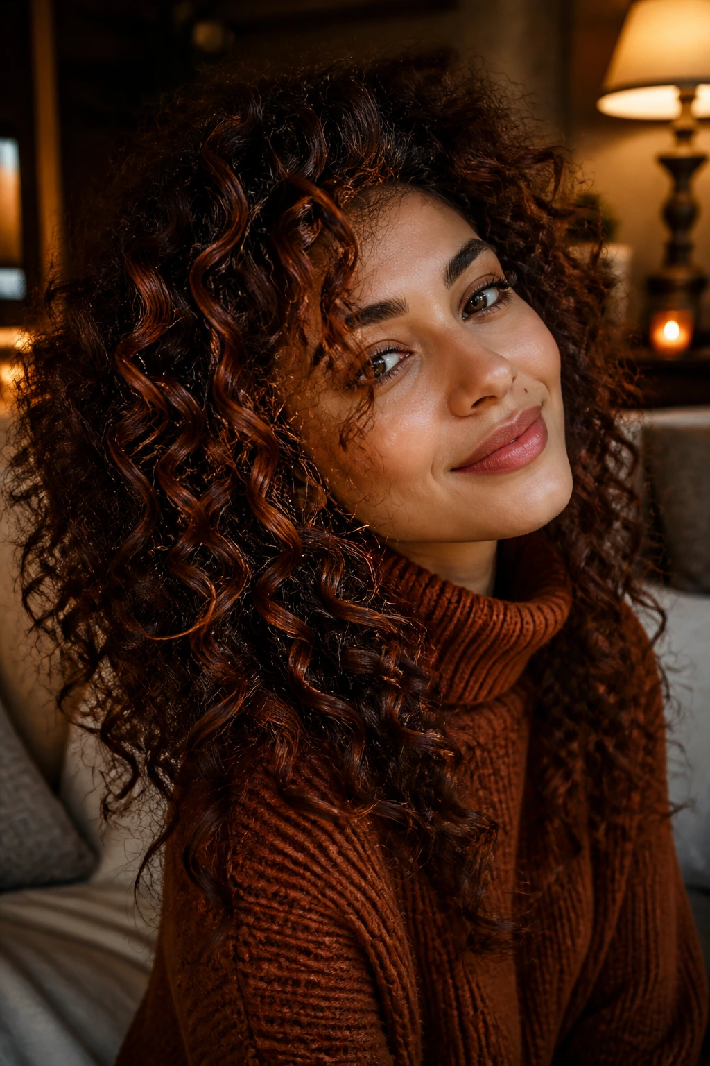 Close-up of real person with cinnamon streaks in curly hair