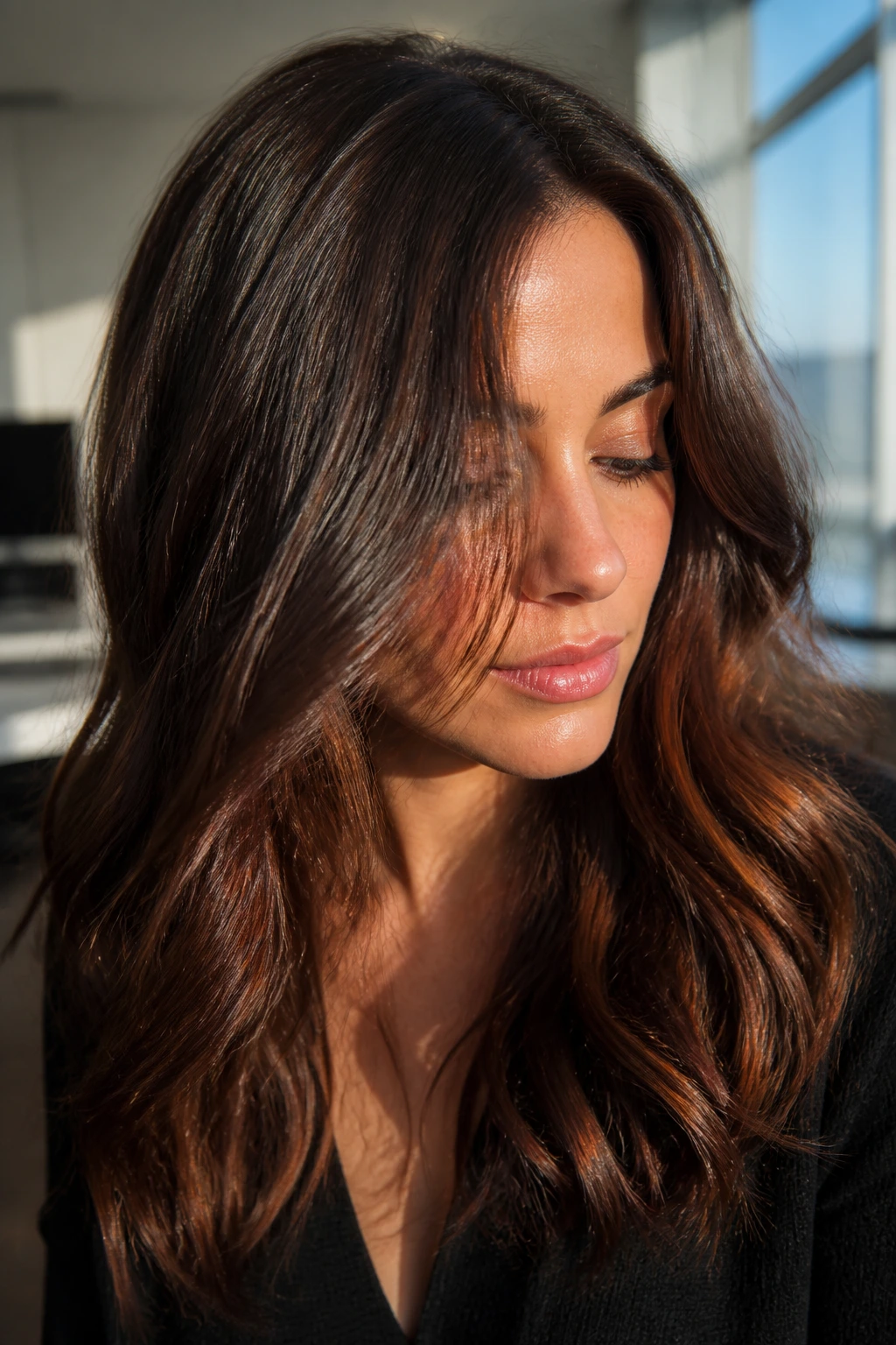 Close-up portrait of a real woman with subtle cinnamon tint on dark hair