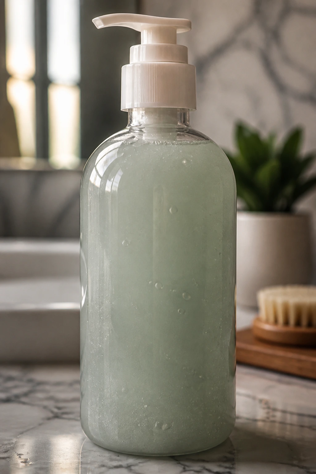 Close-up of unlabeled scalp treatment bottle on bathroom surface