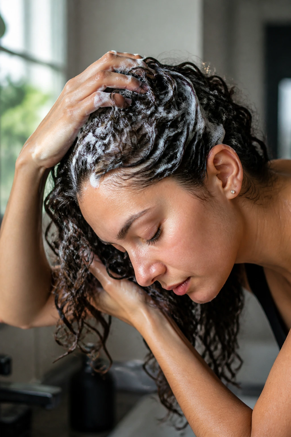 Close-up of a person during clarifying shampooing in the bathroom