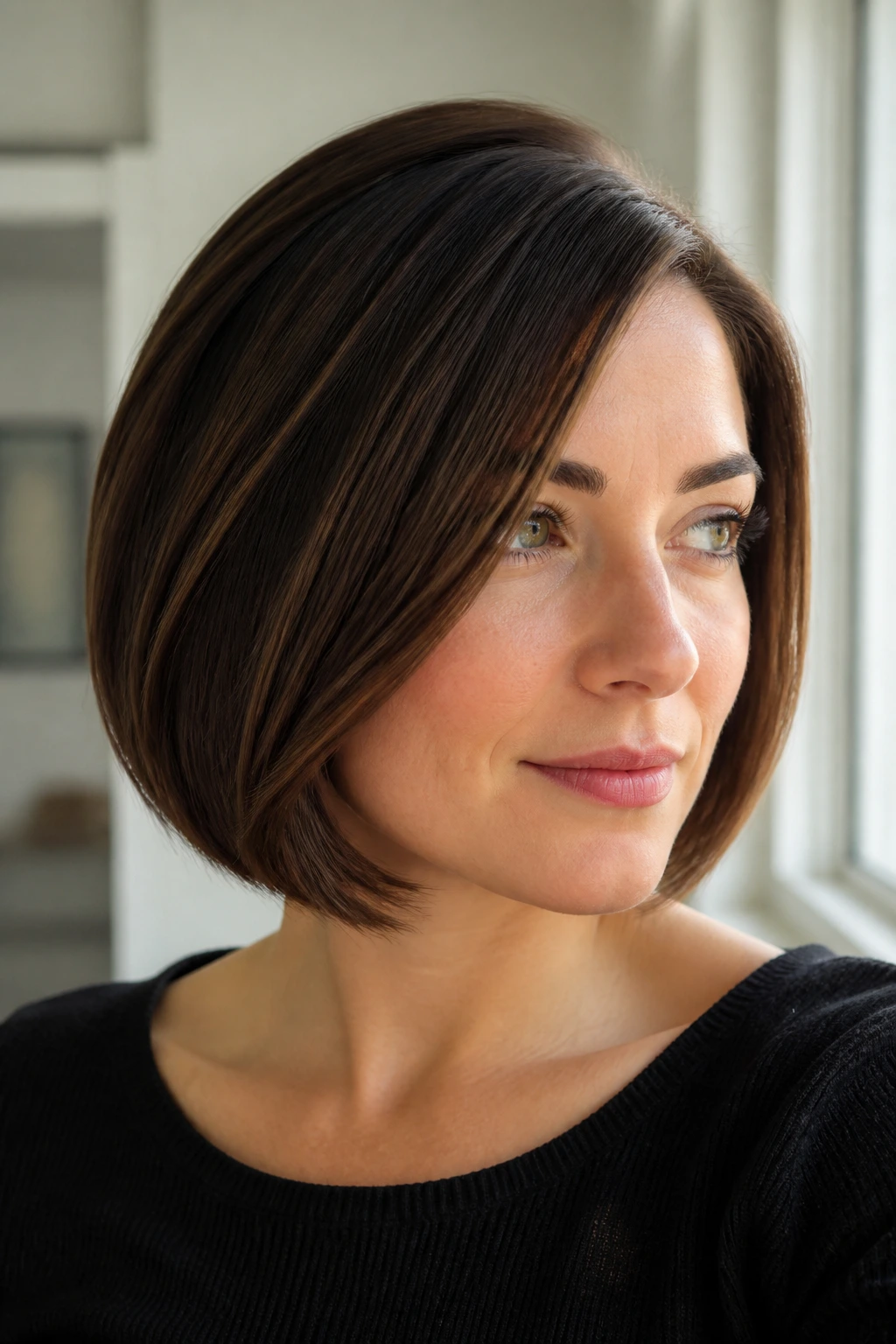 Real person wearing classic A-line bob with deep side part in soft window light.