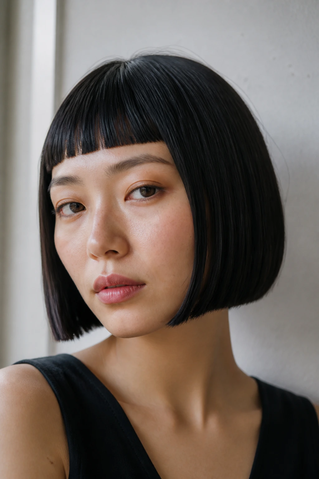 Close-up of a real woman with chin-length bob and blunt micro bangs in soft interior light