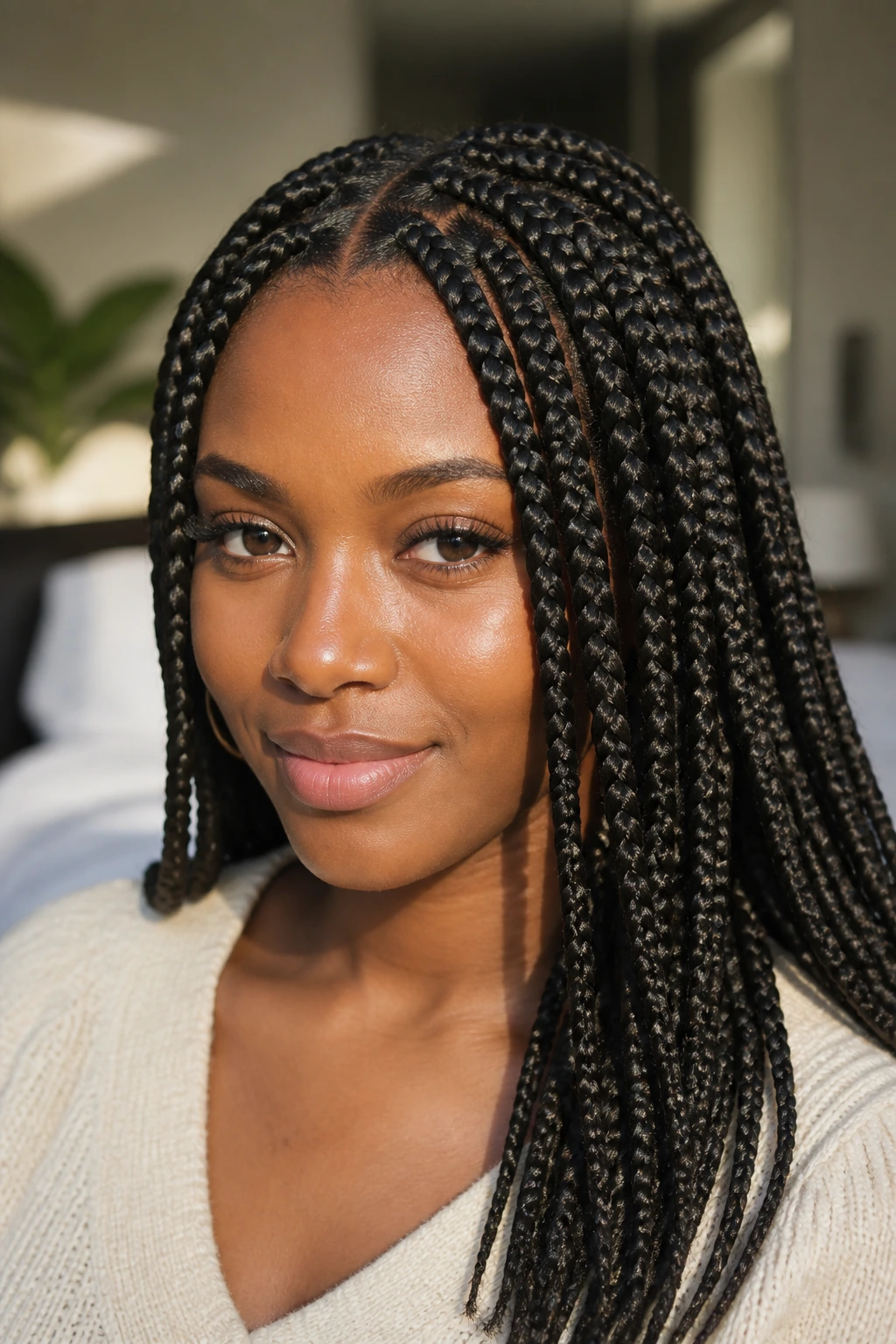 Close-up of a real woman with classic box braids in a sunlit room