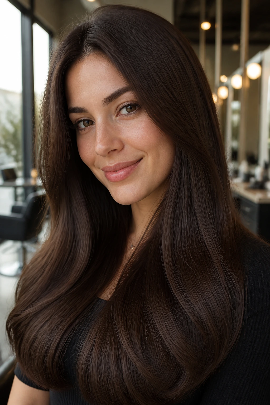Close-up portrait of a real woman with glossy Classic Solid Chocolate Brown hair filling the frame